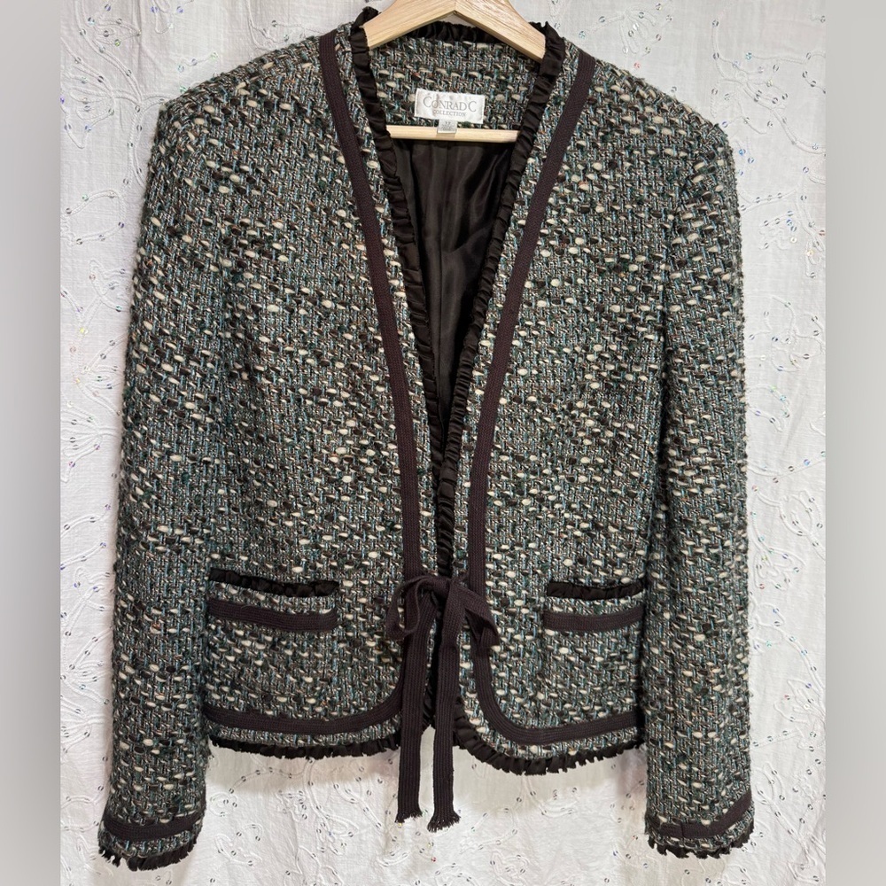 Vintage Tweed Woven Blazer Ruffle Edges Front Tie Browns with Turquoise Size 12